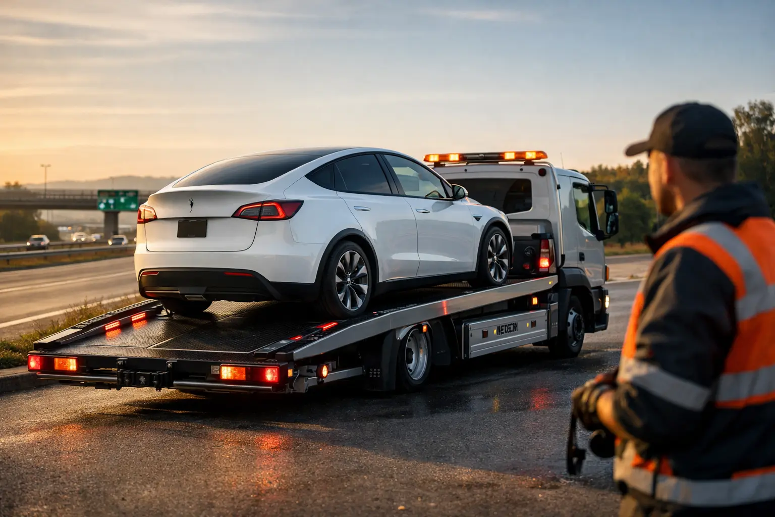 Elektroauto abschleppen – Tesla auf Spezial-Plateau in Wien
