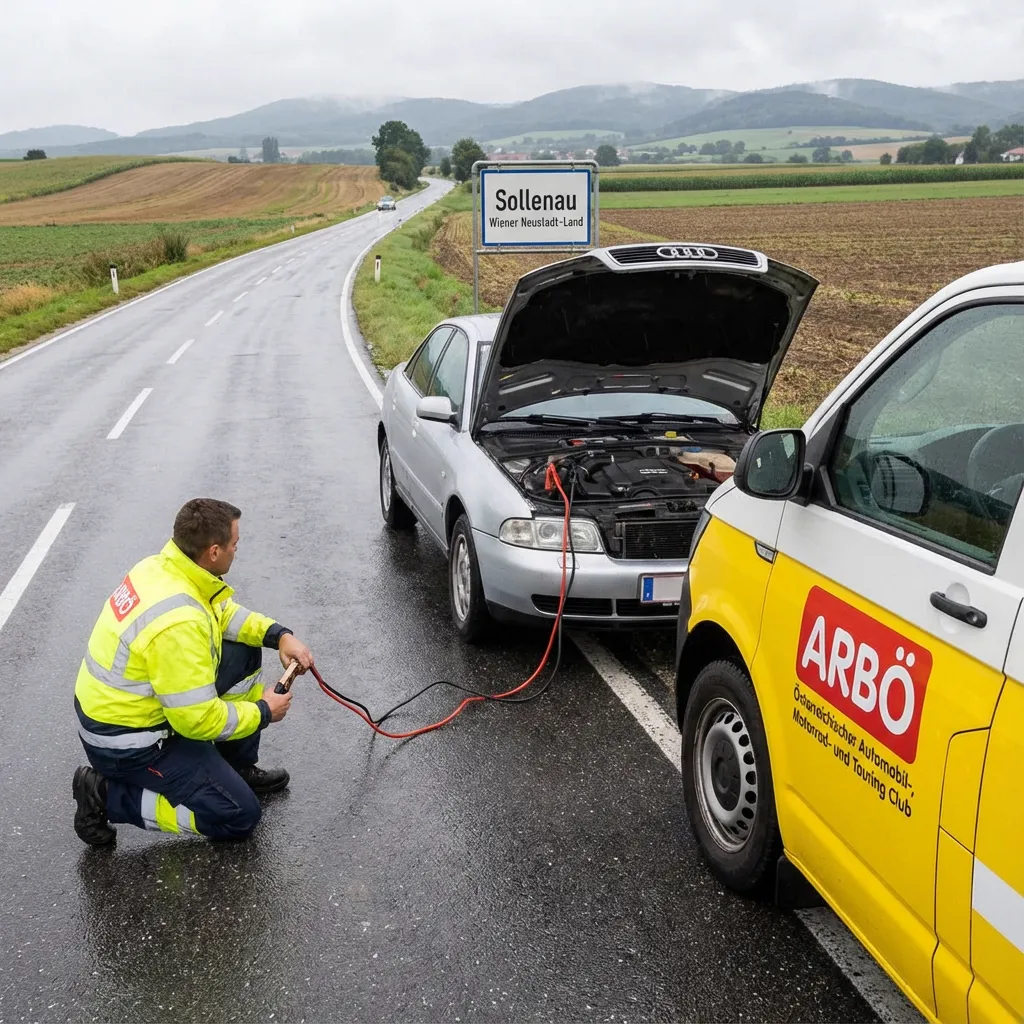 Pannendienst-Mitarbeiter leistet Starthilfe in Sollenau, Bezirk Wiener Neustadt-Land.
